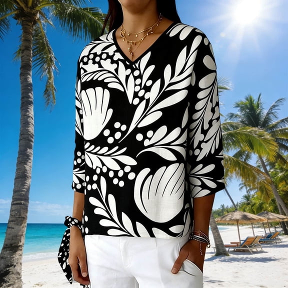 Gamivast Linen Womens Tops Dressy Casual Leaf Print V-Neck Tunic Tops 3/4 Sleeve Summer Blouses Floral Work Office Holiday Wear Outfits