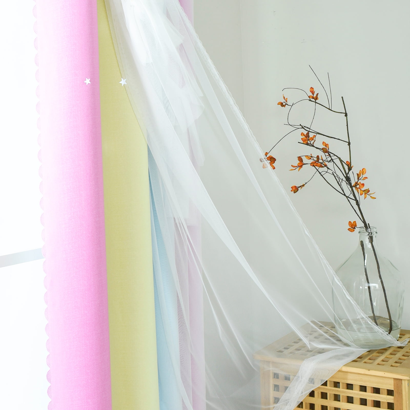 Psoiuetr Blackout Gradient Ombre Curtains for Kids Girls Bedroom Living Room Decor Rainbow Double Layers Star Cut Out Stripe Pink Yellow Grommet Window Curtains,52"x63",1 Panel