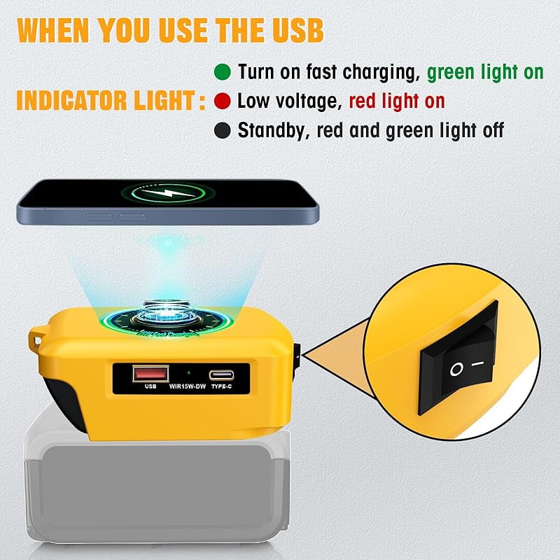 Wireless Charger Adapter,for De*walt 20V Battery,15W Max Wireless Charging Adapter for iPhone for Cell Phone,with USB-A&USB-C 2.1A Fast Charge Ports,Wireless Chargers Using Tool Battery