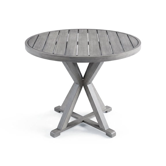 Martha Stewart 36" Round Indoor-Outdoor Patio Table with Trestle Base in Gray Brushed Woodgrain Aluminum Finish