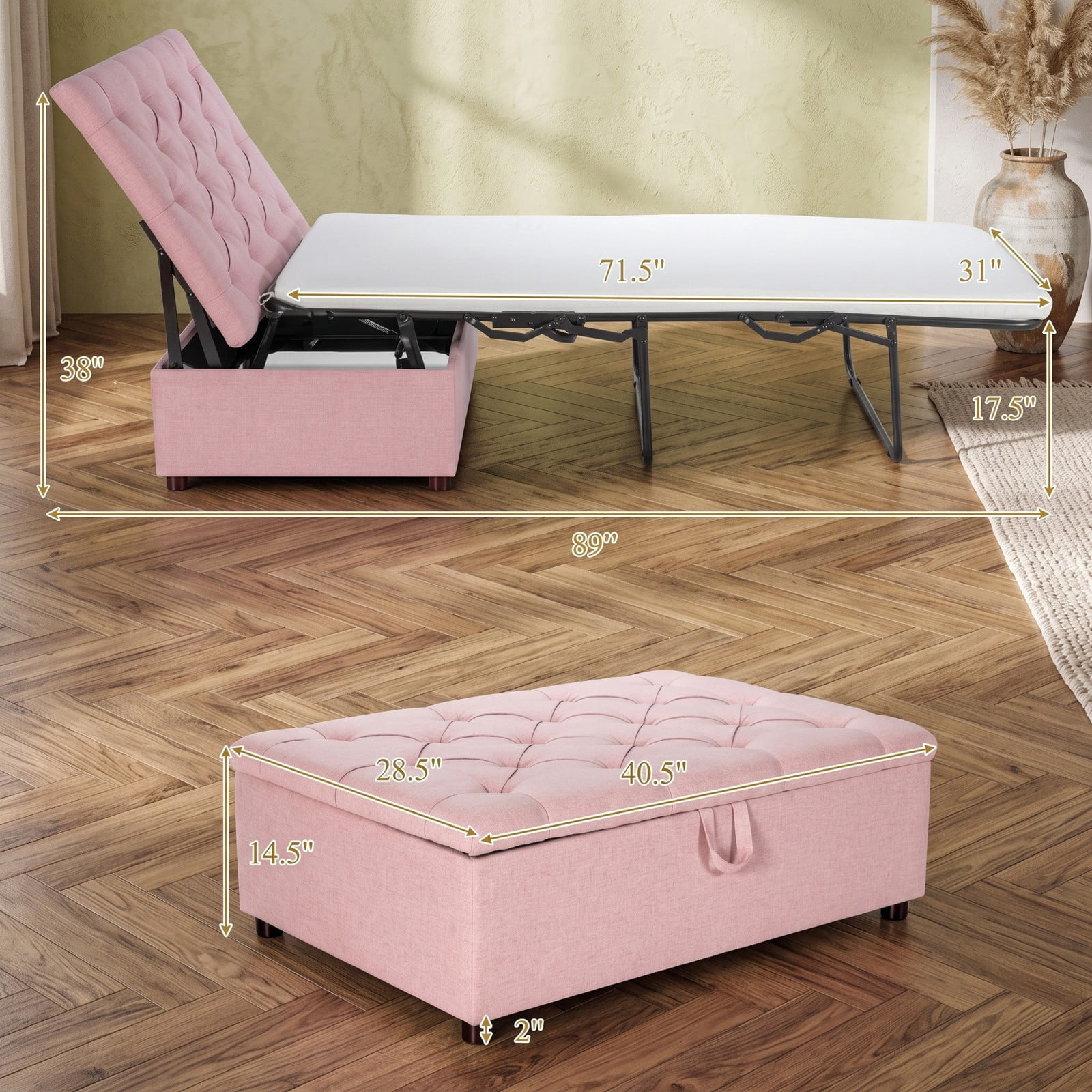 Furnibear Folding Bed Ottoman Sleeper with Mattress and Padded Storage Stool, Rollaway Bed Frame for Guest Room Office and Nap, Pink