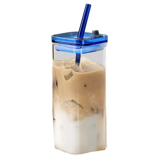 Dvruxg Tasses en Verre Résistantes à la Chaleur avec Paille, Tasse Carrée en Verre à Café Transparente Résistante à la Chaleur avec Couvercle et Paille, Tasses pour Boissons Froides, Jus, Tasse à Lait