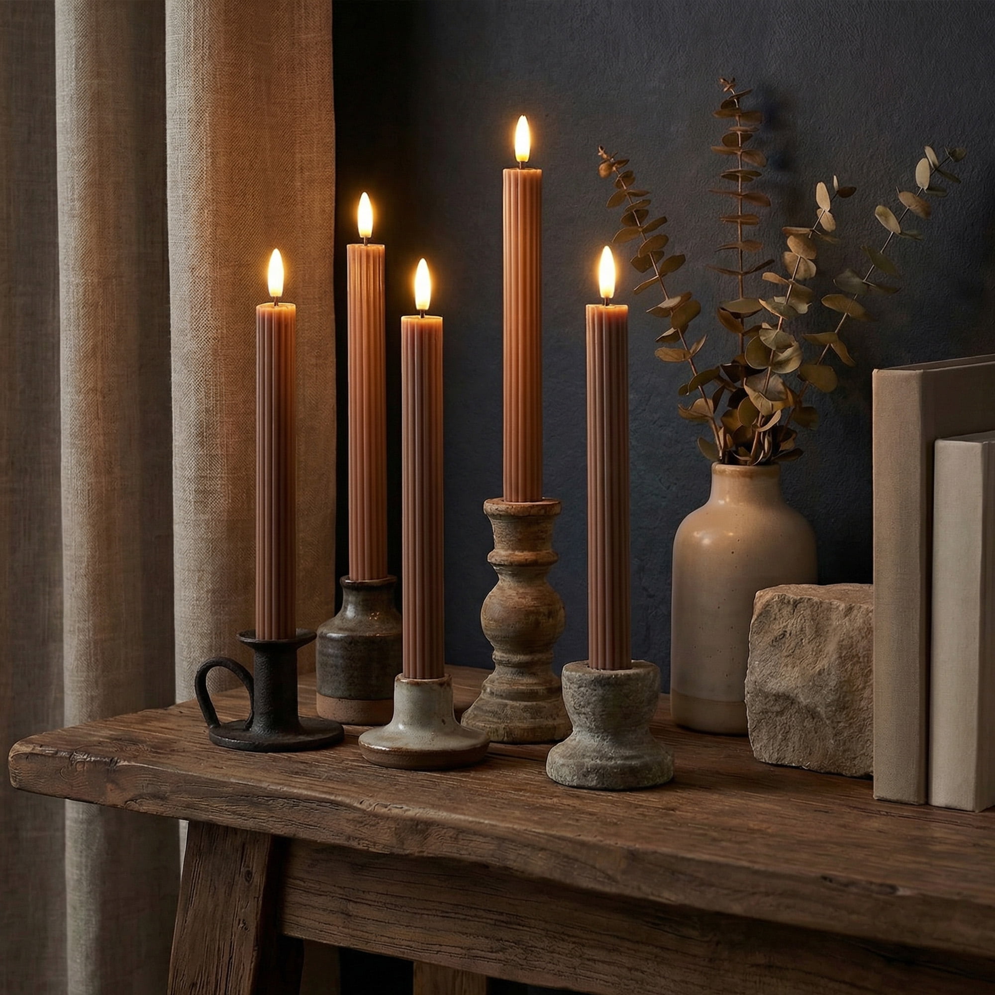 WYZworks 10" Fluted Ribbed LED Brown Tan Grooved Pillar Candles, Remote & 24h Timer Memory, On/Off Switch - Flameless Dimmable Battery Operated w/Flicker Mode, Home Wedding Decor (6 Pack)