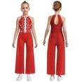 thumbnail image 1 of iiniim One Piece Rompers Overall for Girls Rhinestones Dance Bodysuit Disco Party Wide Leg Pants Playsuit Red 8, 1 of 4