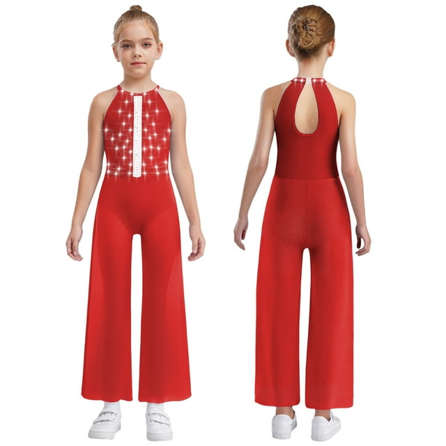 iiniim One Piece Rompers Overall for Girls Rhinestones Dance Bodysuit Disco Party Wide Leg Pants Playsuit Red 8