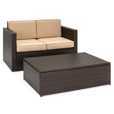 Best Patios Best Choice Products 2-Piece Wicker Backyard Patio Conversation Furniture Set with 2 Hidden Storage Compartments in Loveseat & Coffee Table, Cushions, Brown ()