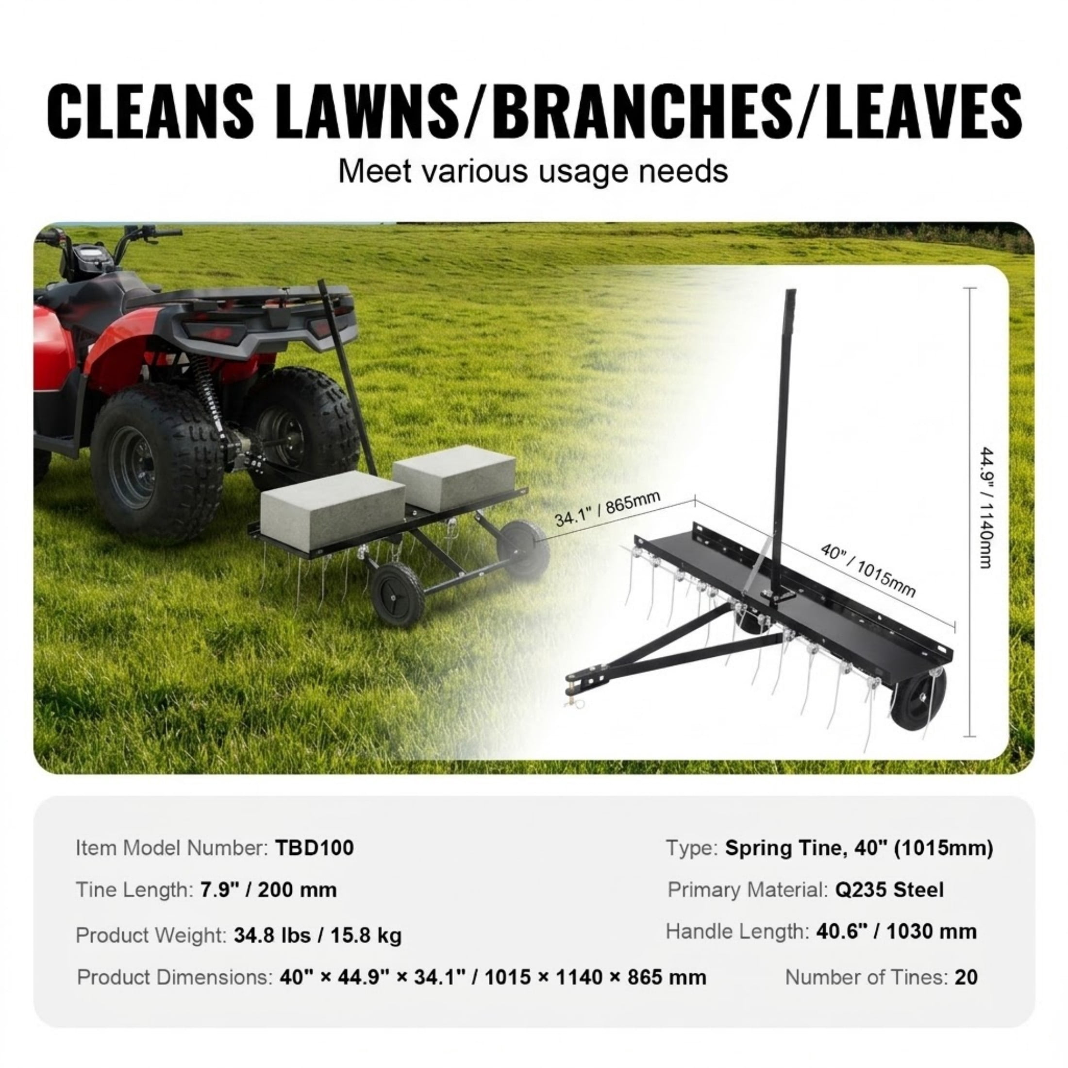 40" Tow-Behind Lawn Dethatcher, 20 Spring Steel Tines Rake with Lift Handle for ATV and Mower