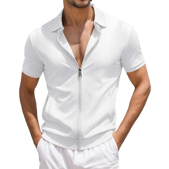 IWRICH Men's Texture Full Zip Polo Shirts Short Sleeve Jacquard Tees Solid Color Casual Trendy Summer Holiday Tops White XL