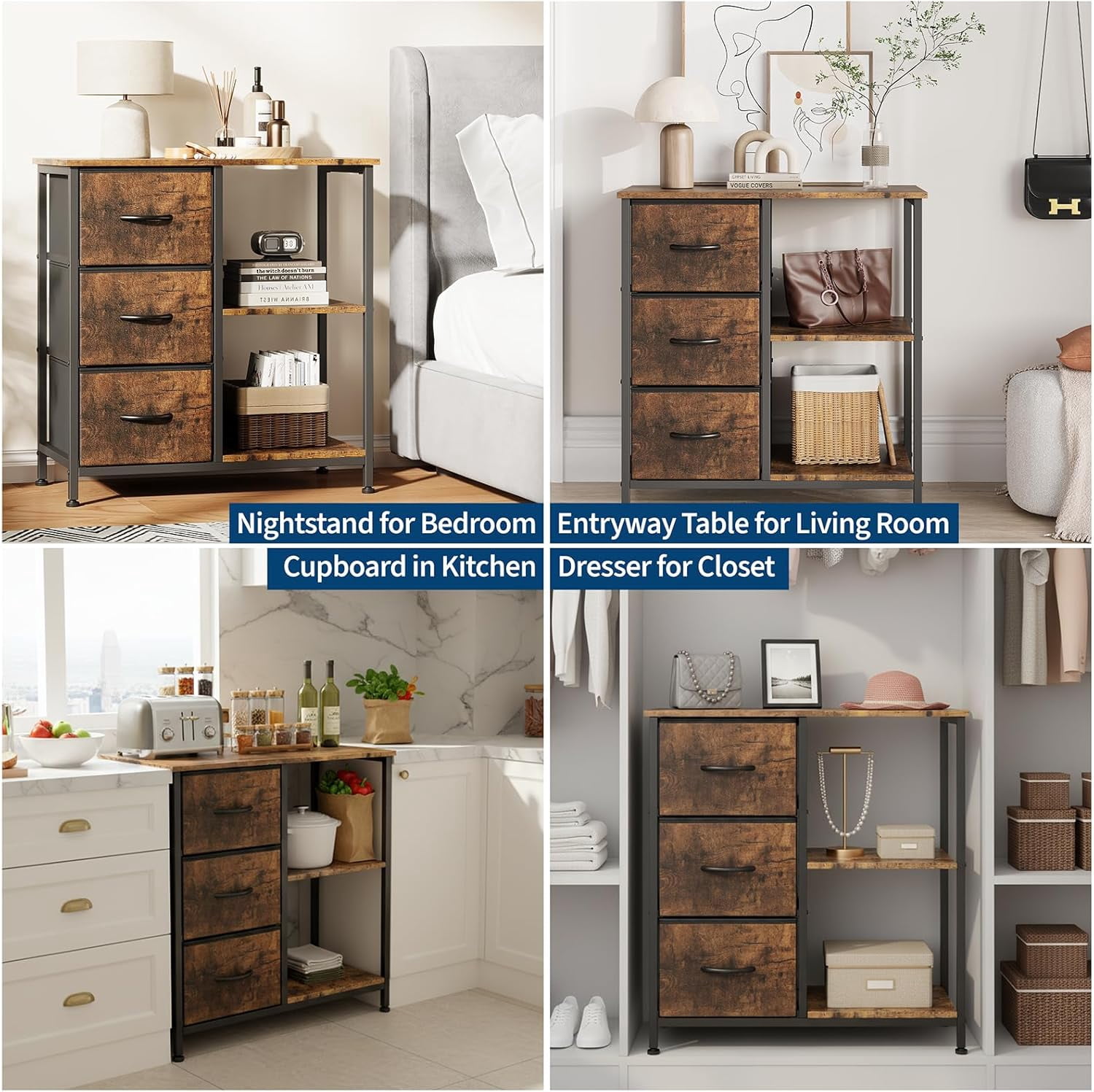3 Drawer File Cabinet, Printer Stand with 2 Open Storage Shelves, Fabric Filing Cabinet Under Desk Office Organizer for Home Office, Modern Storage Solution, Rustic Brown