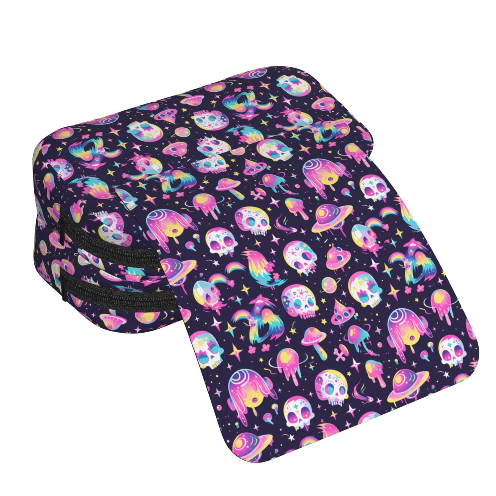 Rateoe Skull mushroom space Pattern Double Clamshell Pen Case, Storage Organizer with Two Zipper Compartments– Holds Up to 50 Pencils & Pens