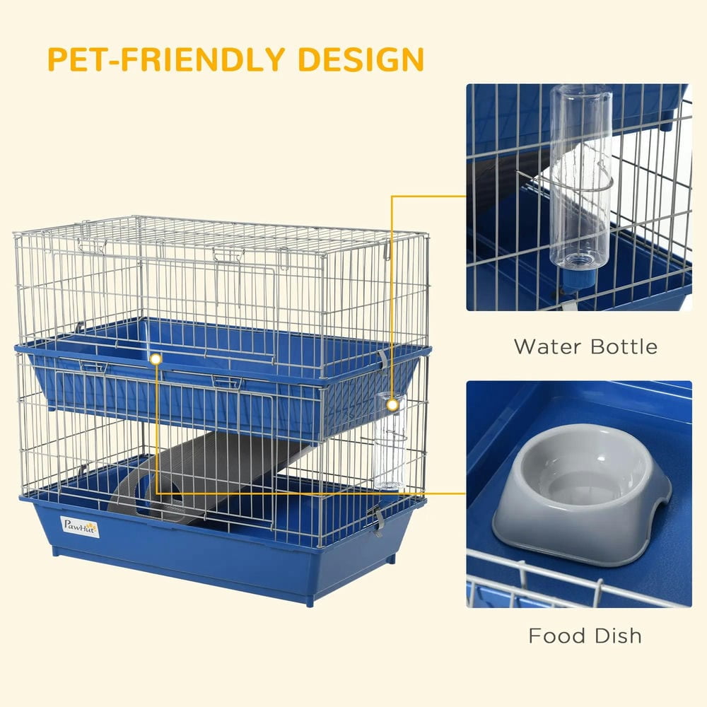 Resenkos 2-Tier Guinea Pig Cage, Ferret Cage, Chinchilla Cage, Small Animal Cage Indoor with Dish and Bottle, 2 Doors, Deep Bottoms, Ramp,Blue