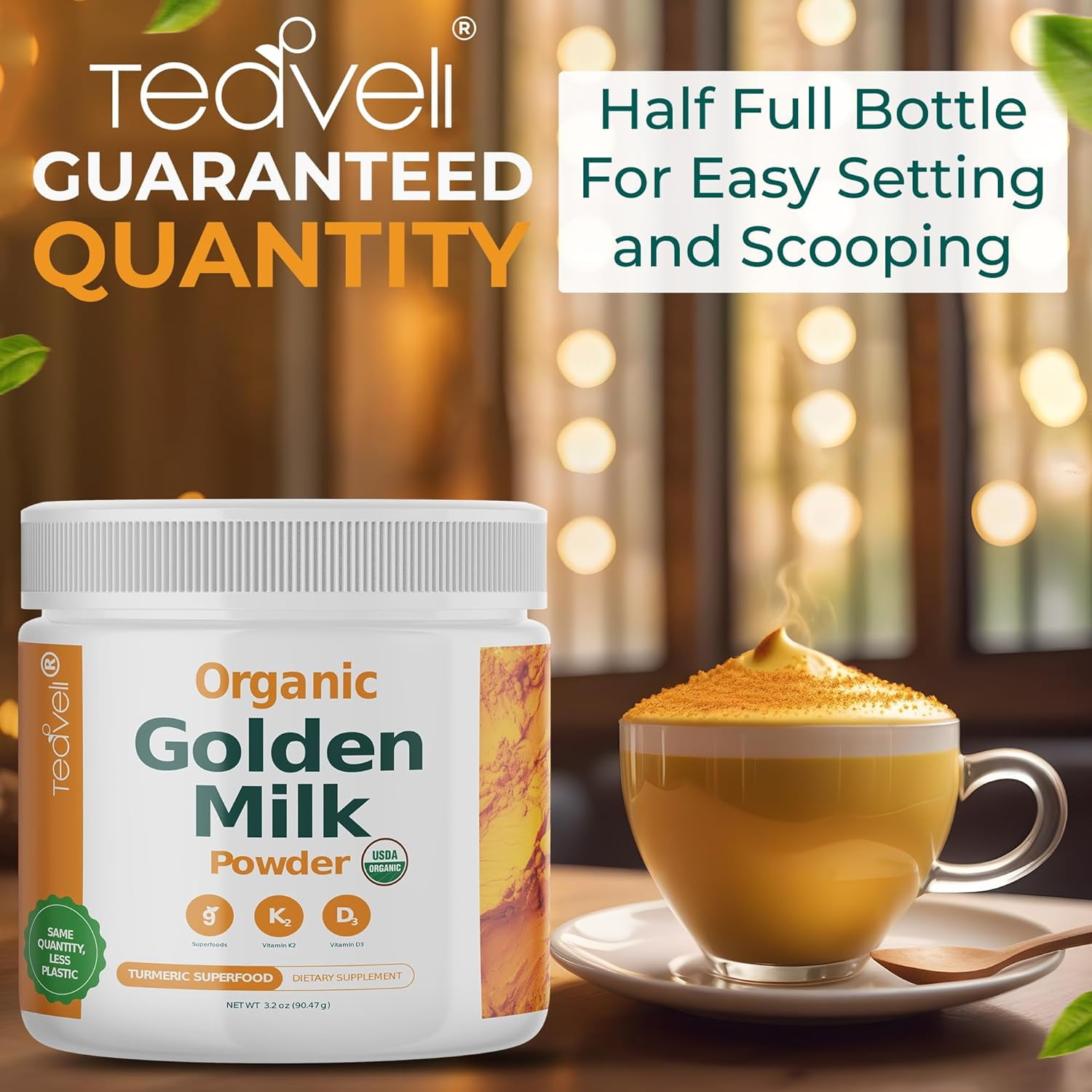 Organic Golden Milk Powder with Vitamin D3 & K2, Turmeric , Ginger , KSM66 Ashwagandha and Nine Superfoods – Dairy Free Turmeric Tea Latte – Supports Restful Sleep, Healthy Bones , Muscles & Immune
