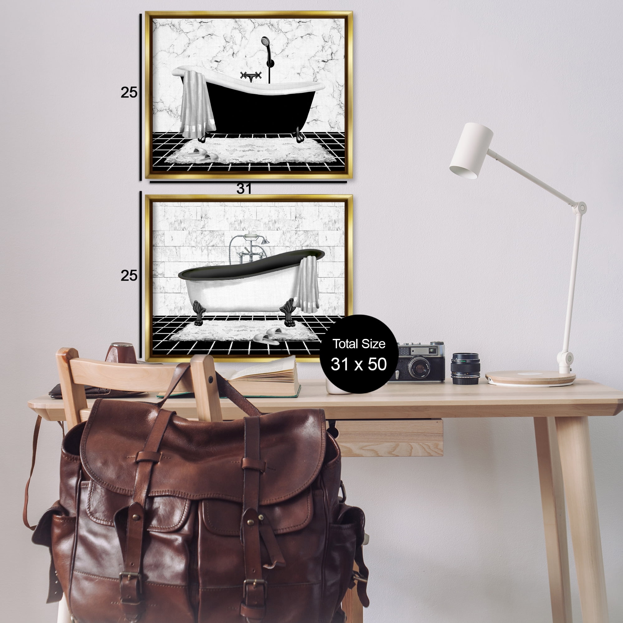 Stupell Industries Marble Clawfoot Soaking Tub Bath & Laundry Painting Gold Floater Framed Canvas Art Print Wall Art, 31 x 25, Set of 2