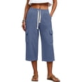 thumbnail image 4 of Utoimkio Women's Waffle Knit Capri Pants Drawstring High Waist Relax Fit Cargo Trousers with Side Pockets, 4 of 7