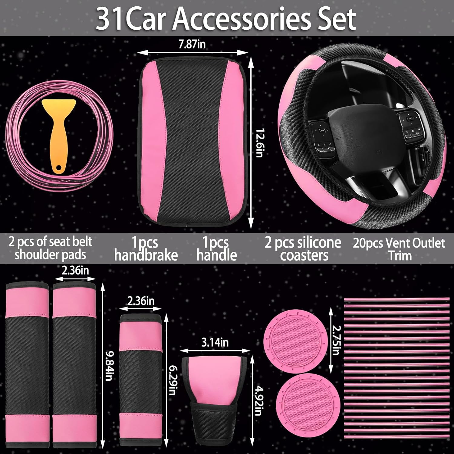 30 Pcs Car Accessories Set Pink and Black PU Leather Steering Wheel Cover Auto Interior Accessories Gift Car Vent Trim Strips Air Conditioner Insert Strips with Installation Tool