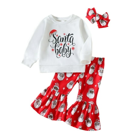

DNDKILG Toddler Baby Children Girl Clothing Set Christmas Outfits Long Sleeve Striped T Shirts and Flare Pants Set with Headband Red 1-8Y