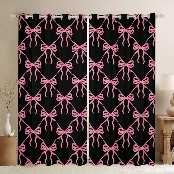 Feelyou Cartoon Bowknot Kids Black Out Curtains, Black Pink Bow Curtains Pack of 2 (42x63 Each), Dreamy Princess Style Bedroom Curtains, Black Out Curtains Decor