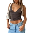 thumbnail image 3 of Women'S Deep V-Neck Ruched Crop Tank Top Slim Fit Spaghetti Straps Crop Top Coffee Brown XS, 3 of 8