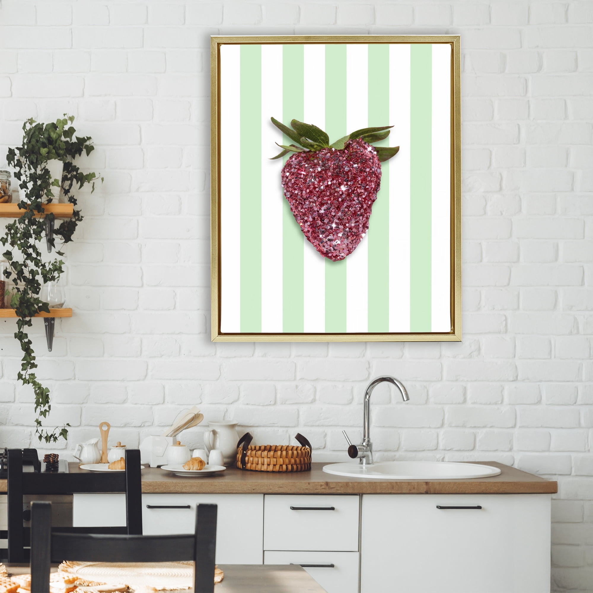 Stupell Industries Glimmer Cherry on Green Stripes Gold Framed Floater Canvas Wall Art, design by LISH Creative
