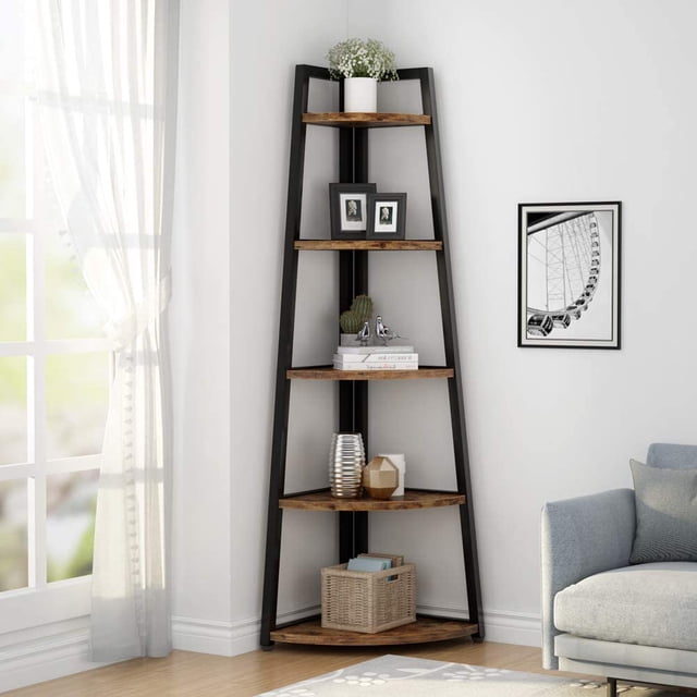 Tribesigns 5-Tier Bookshelf, 70" Industrial Corner Ladder Shelf for Living Room, Home Office, Brown