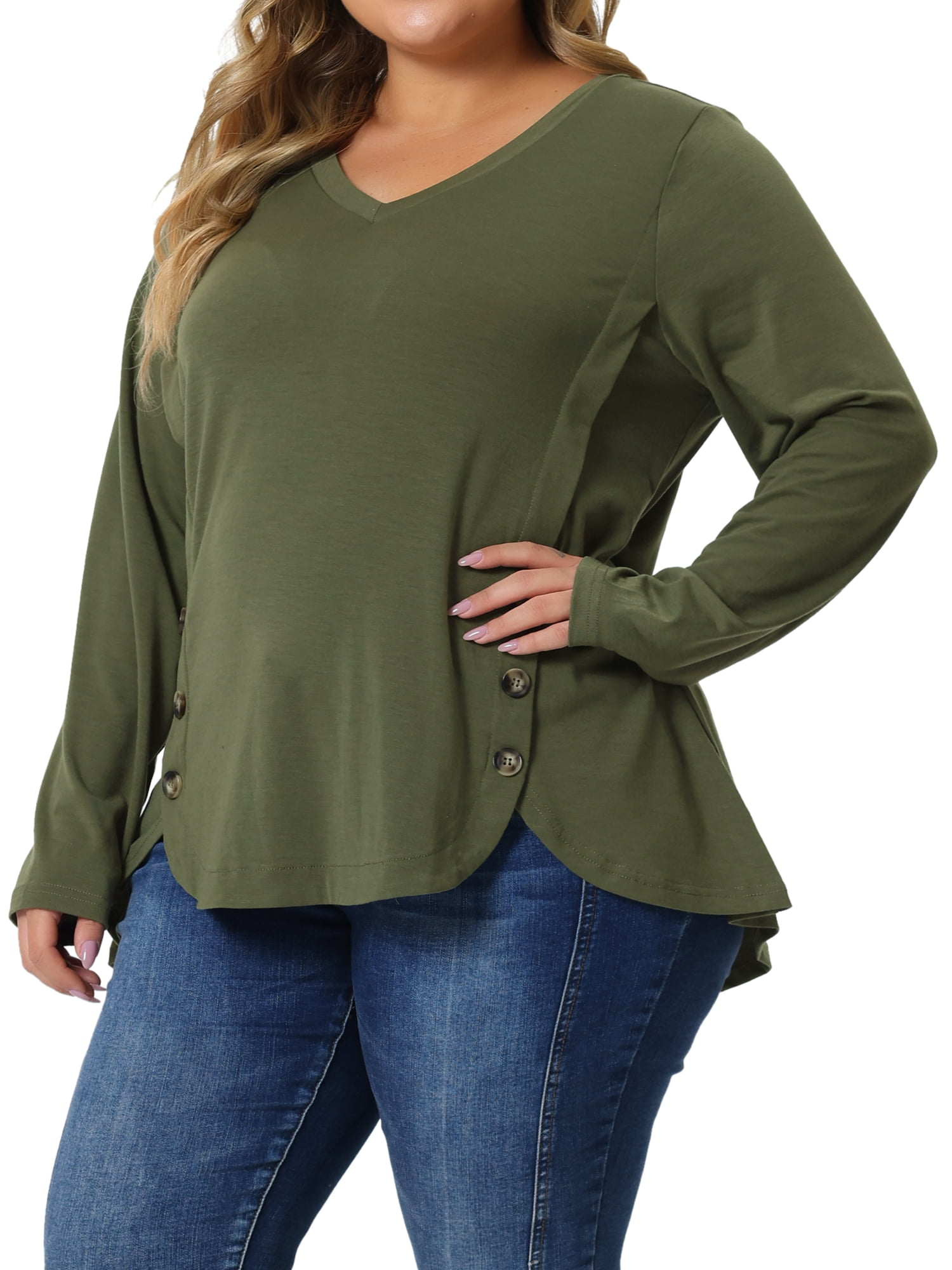 DARING DIVA Women's Plus Size Long Sleeve Button Side Swing Blouses 5X ArmyGreen