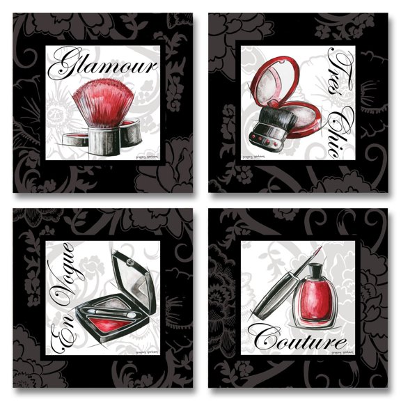 Modern Black and Red French Glamour Makeup Bag Teen Decor; 4-12" x 12" Unframed Print