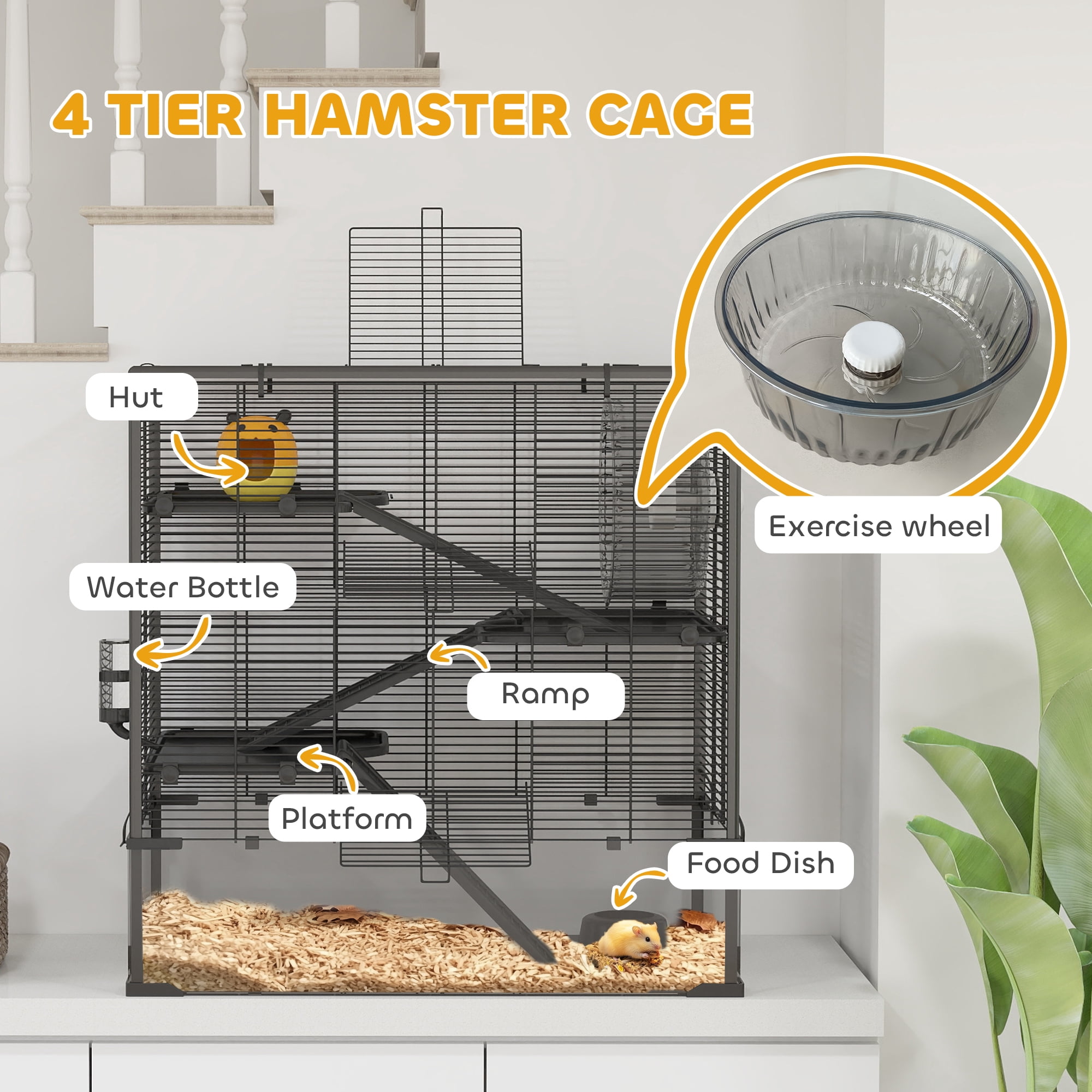 PawHut Deep Glass Bottom Hamster Cage, 4 Tiers Hamster Tank with Running Wheel, Hut, Water Bottle, Food Dish, Rat Cage, Black, 31" x 19" x 31.5"