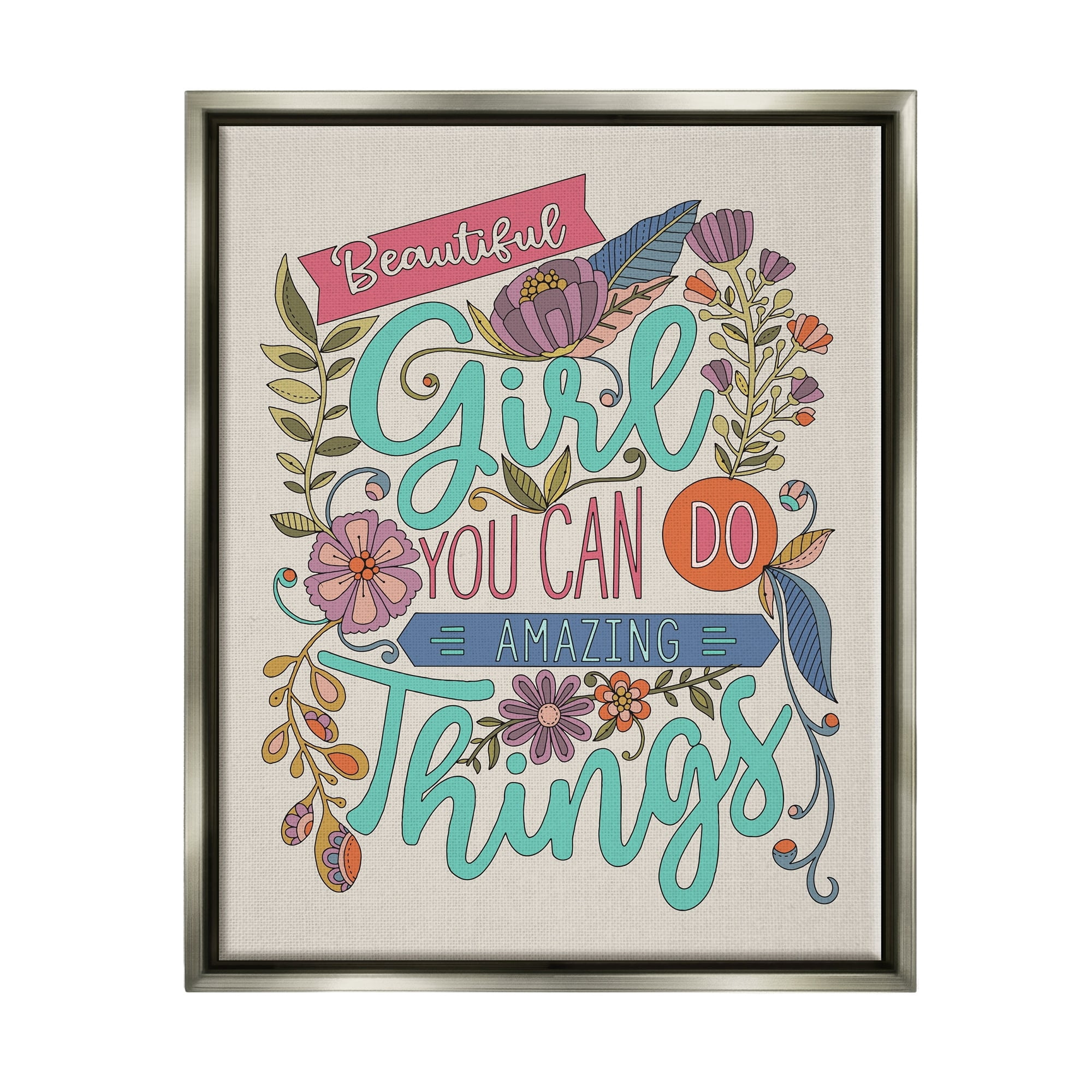 Stupell Industries Girl Power Fun Motivational Intricate Floral Pattern Graphic Art Luster Gray Floating Framed Canvas Print Wall Art, Design by Valentina Harper