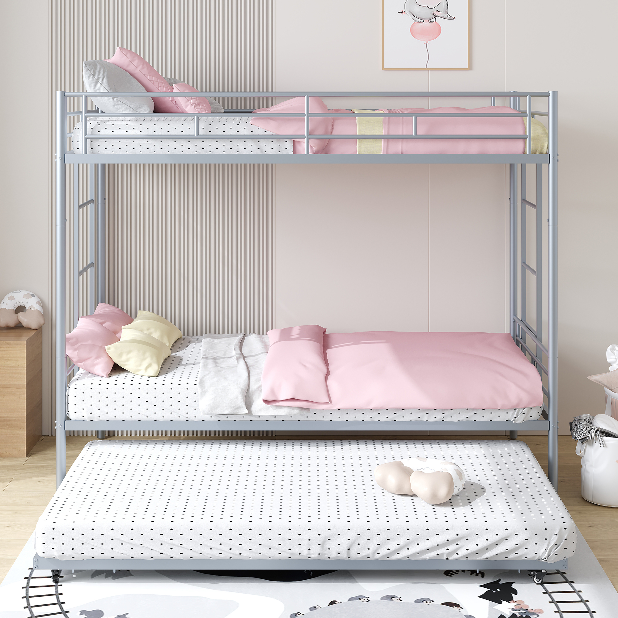 uhomepro Metal Twin Over Twin Bunk Beds with Trundle Bed, Twin Bunk Beds for Kids Adults Teens, Bunk Bed Can Be Divided Into 2 Twin Beds with Trundle, 2 Ladders, No Box Spring Need, Silver - image 3 of 13