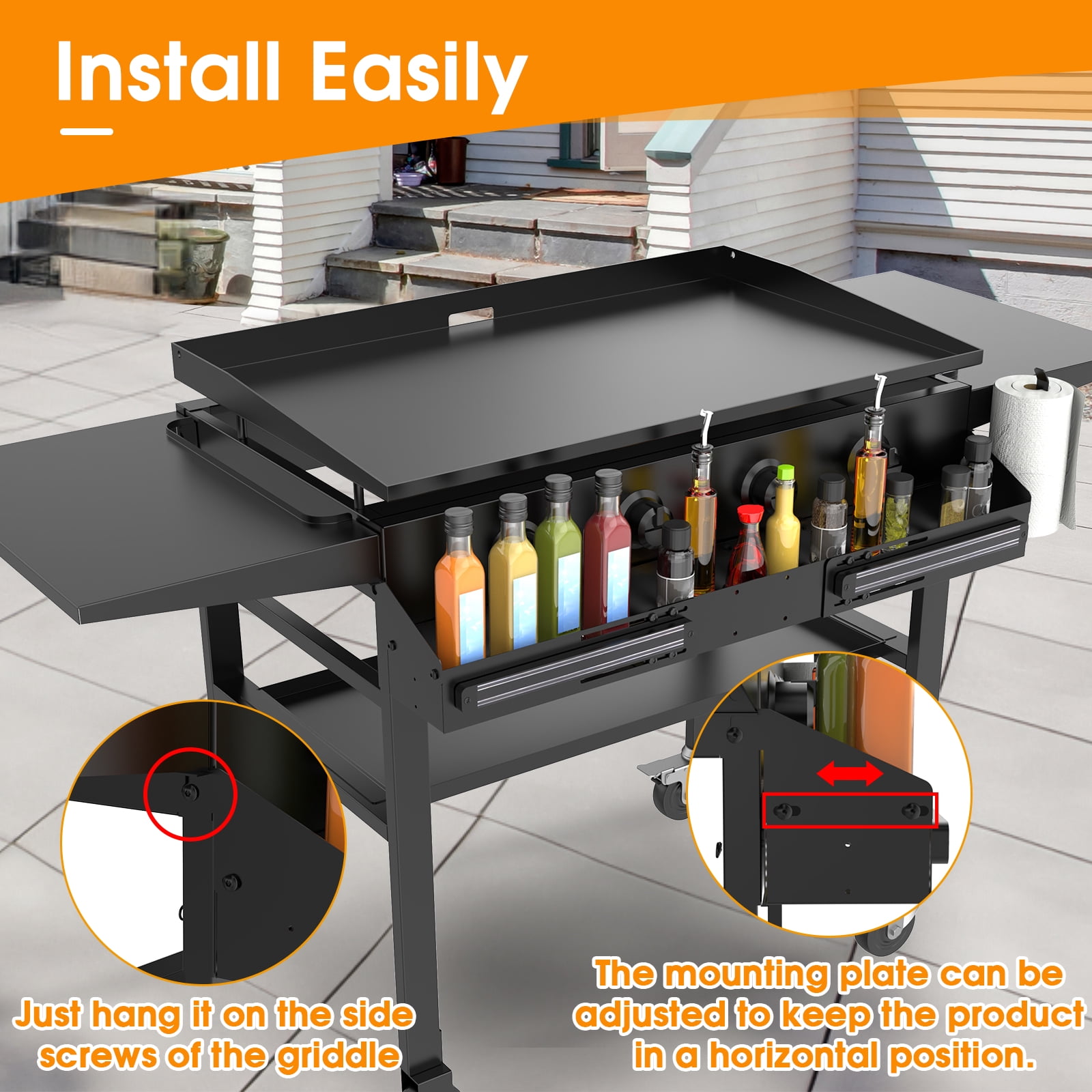 Universal Front Griddle Caddy for Blackstone Griddles from 28" to 36", Front Tool/Bottle Shelf with 2PCS Magnetic Tool Holder & Paper Towel Holder for Blackstone Griddle, Space Saving Storage Caddy