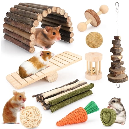 WLGJL 12 Different Hamster Cage Accessories, Chew Toys for Guinea Pig, Chinchillas, Gerbils, Mice, Rats, Mouse, Rabbit, Bunny Hideout Seesaw, Natural Molar Tools