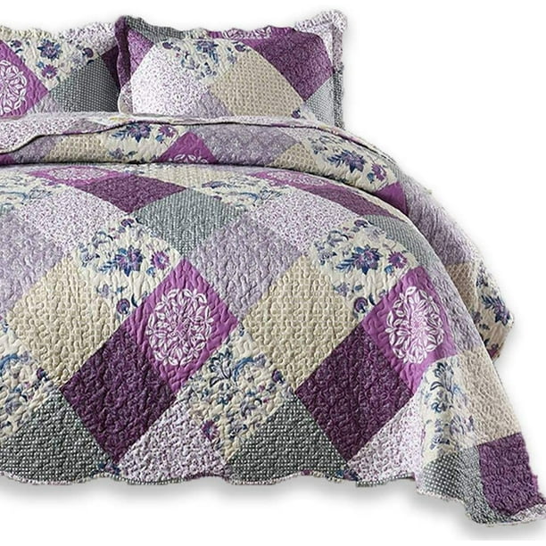 3 Piece Purple Quilt Coverlet Bedspread Ultra Soft Boho Floral Printed  Pattern Bedding Set with 2 Pillow Shams for Queen beds（Purple Checkered  Flower） 