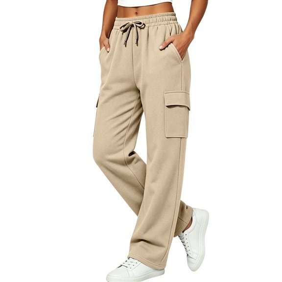 Zjunqe Womens Cargo Sweatpants High Waisted Wide Leg Joggers Pants Soft Cotton Fleece Baggy Trousers with Pockets Drawstring Elastic Waist Fall Lounge Workout Outfits Casual Athletic Pants Beige L