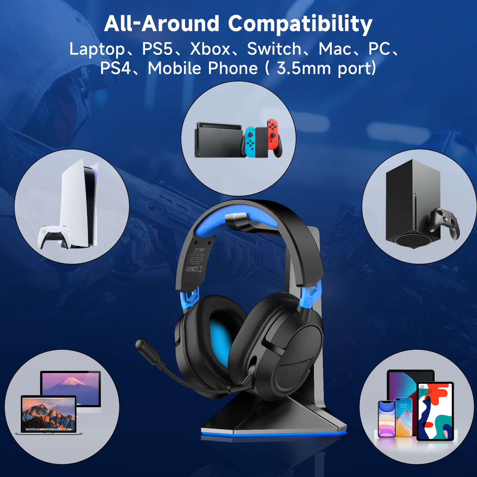 FONHAID Wired Gaming Headset for PC, PS5, Xbox, Switch, Black & Blue photo 8
