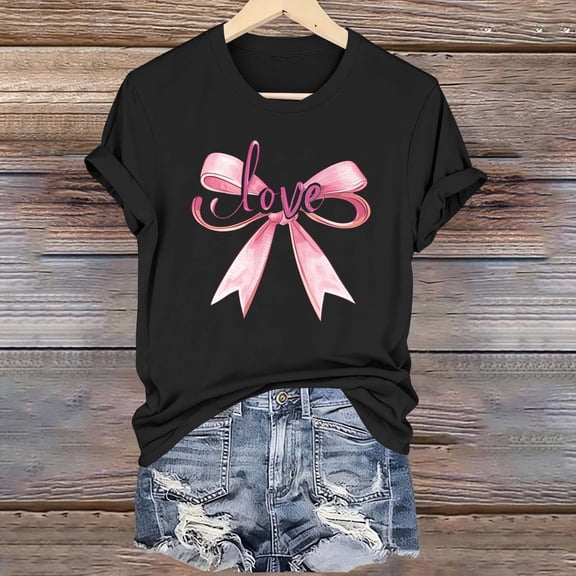 Xuyuer Valentine's Day Women's Graphic Cute Bow Tees Casual Print Round Neck T Shirt Summer Short Sleeve Trendy Tops Dressy Aesthetic T-Shirt Aesthetic Tee Tops Pink Bow Girly Tee