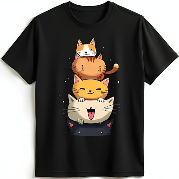 Adorable Black T-Shirt with Cute Stacked Cartoon Cats Graphic Fun & Playful Design