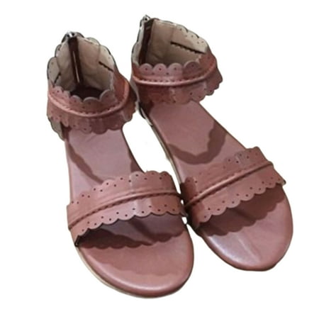 

huanledash Retro Women Summer Casual Anti-skid Lace Flat Opened Toe Zipper Sandals Shoes