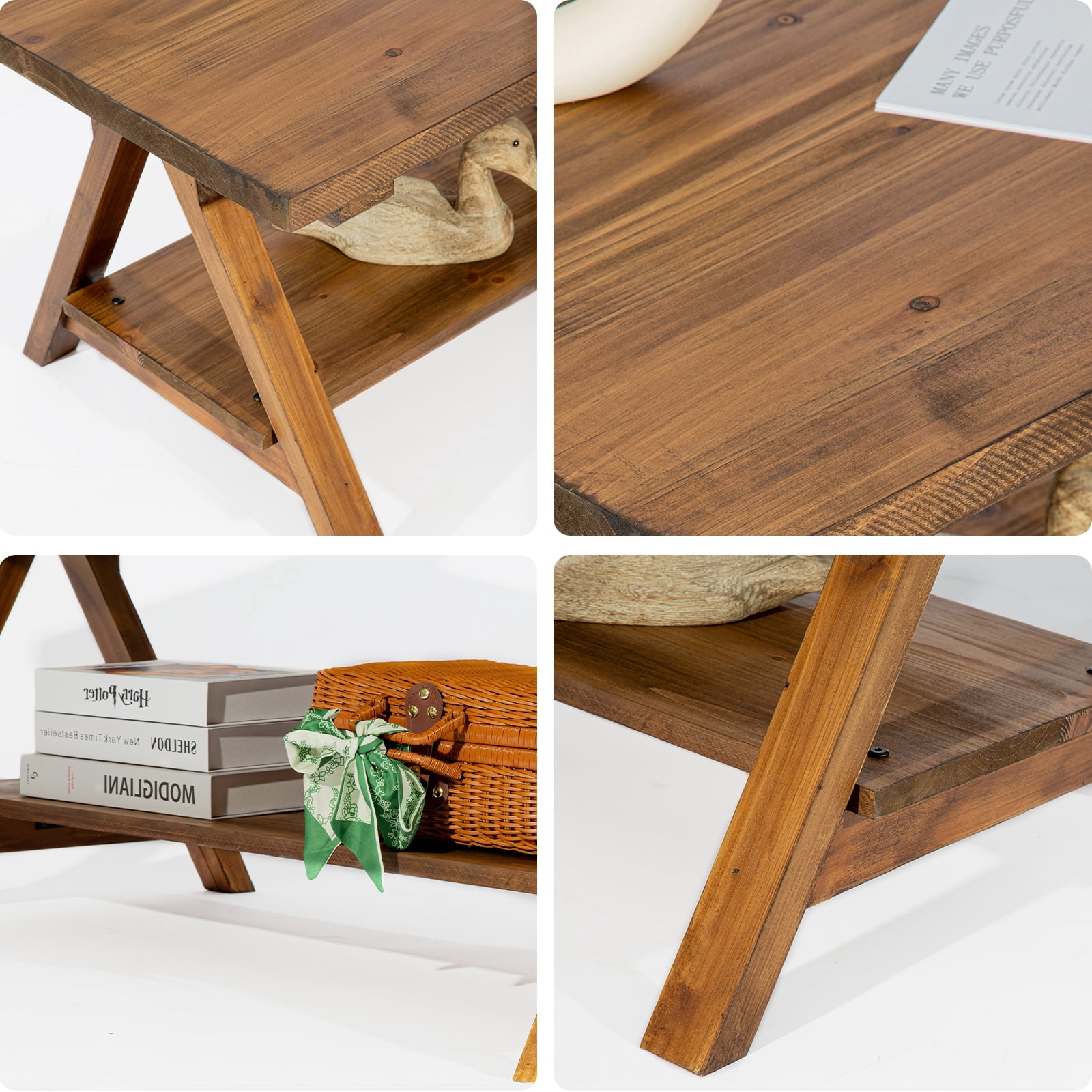 42.5” Rustic Solide Wood Coffee Table with Shelf, Coffee Center Table for Living Room, Mid Century Modern Rectangle, Oak