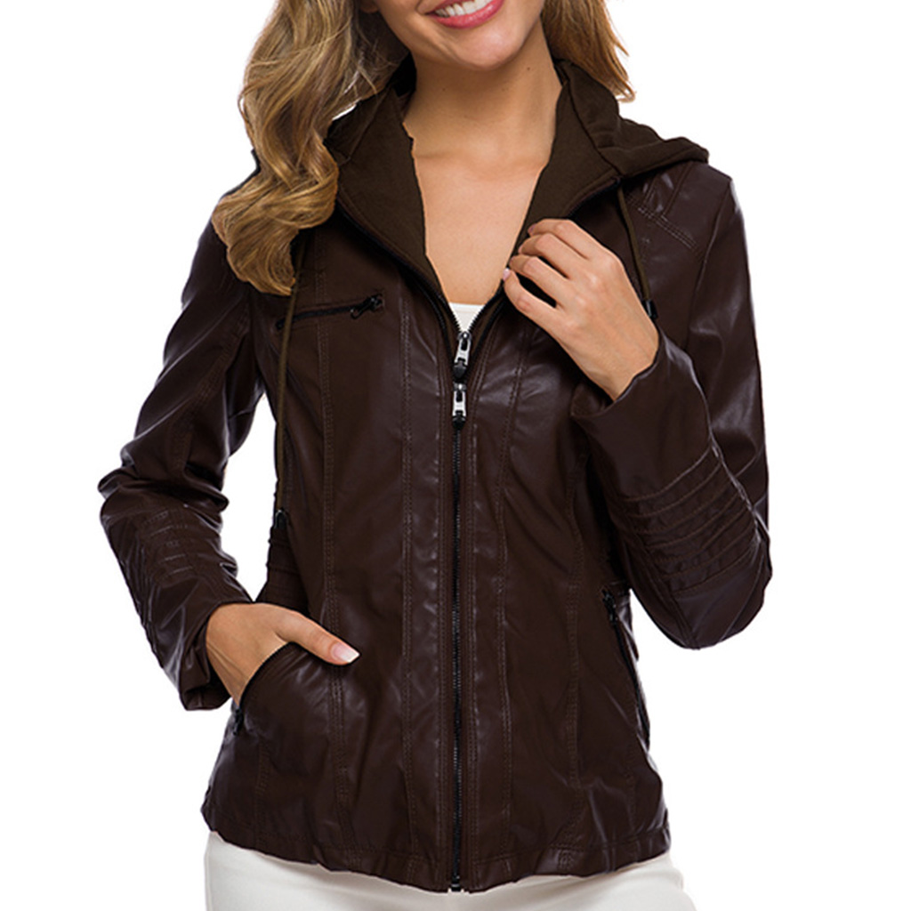 Women Faux Leather Short for Jacket with Detachable Hood Motorcycle Zip Up Outwe - image 4 of 19