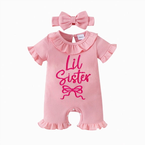 mgoYE Newborn Baby Girl Summer Outfit 1-3 Months Romper Little Sister Embroidery Ruffle Collar Jumpsuit Infant Waffle Clothes Pink