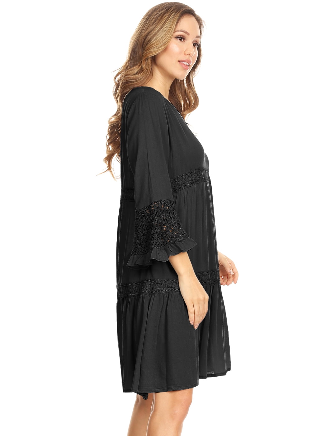Feinuhan Women's Casual Semi Sheer A-line Crochet Lace Bell Sleeve Boho  Beach Babydoll Ruffle Dress, Black, Small - Walmart Business Supplies