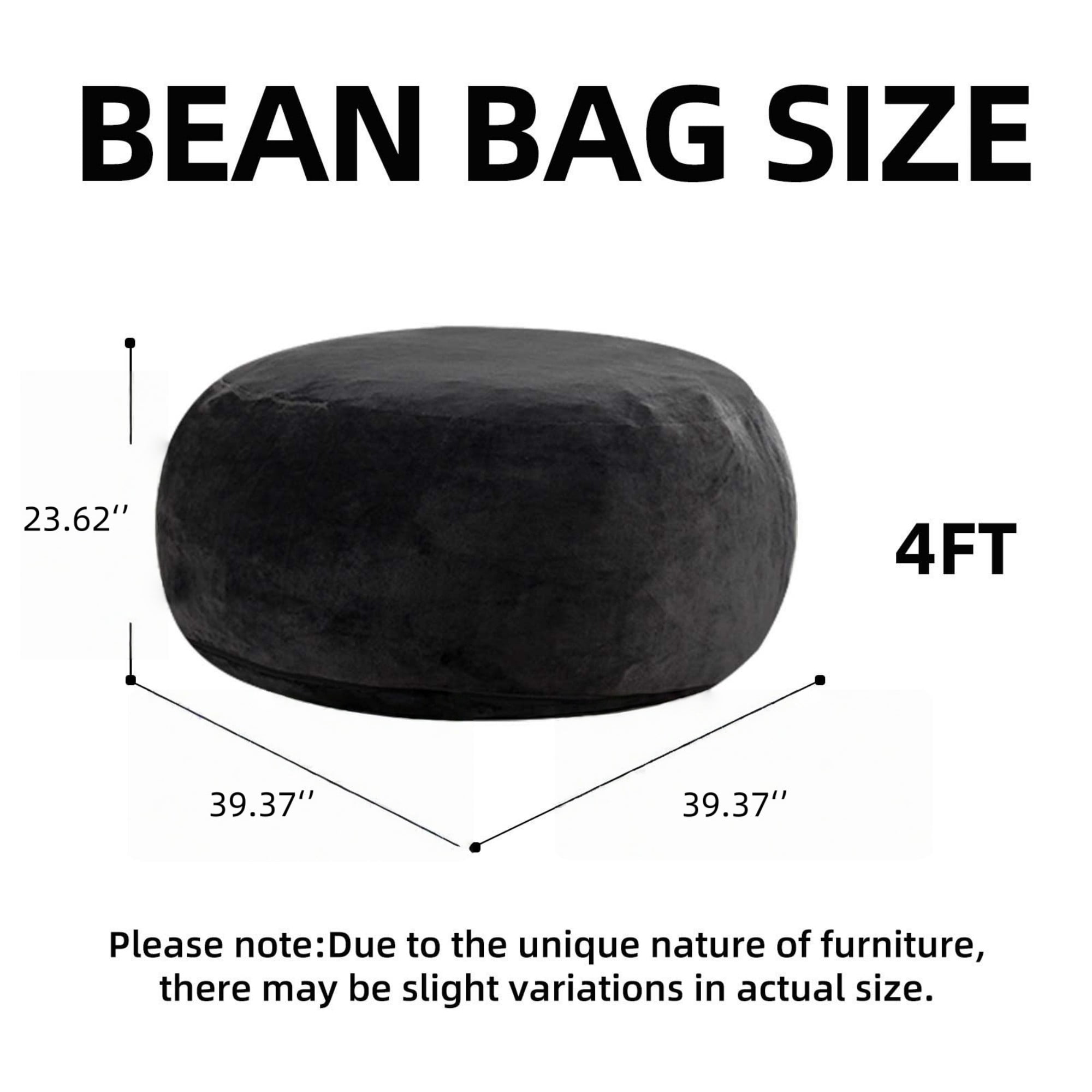 LLappuil 4 Feet Bean Bag Chair, Lazy Sofa Chair for Adults, Memory Foam Bean Bag Chairs with Filler Included for Living Room Bedroom Black