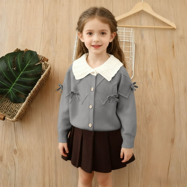 Conjuntos de blusas y camisas de cuello redondo y manga larga Cárdigan de lazo para niña Conjunto de suéter de punto Cárdigan para niña Conjunto de dos piezas Top y falda Top de poliéster para niños
