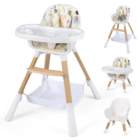 Furnibear 4-in-1 Convertible Baby High Chair with Lockable Wheels and Adjustable Tray and Detachable Toddler Chair for Babies 6 Months to 3 Years, Multicolor