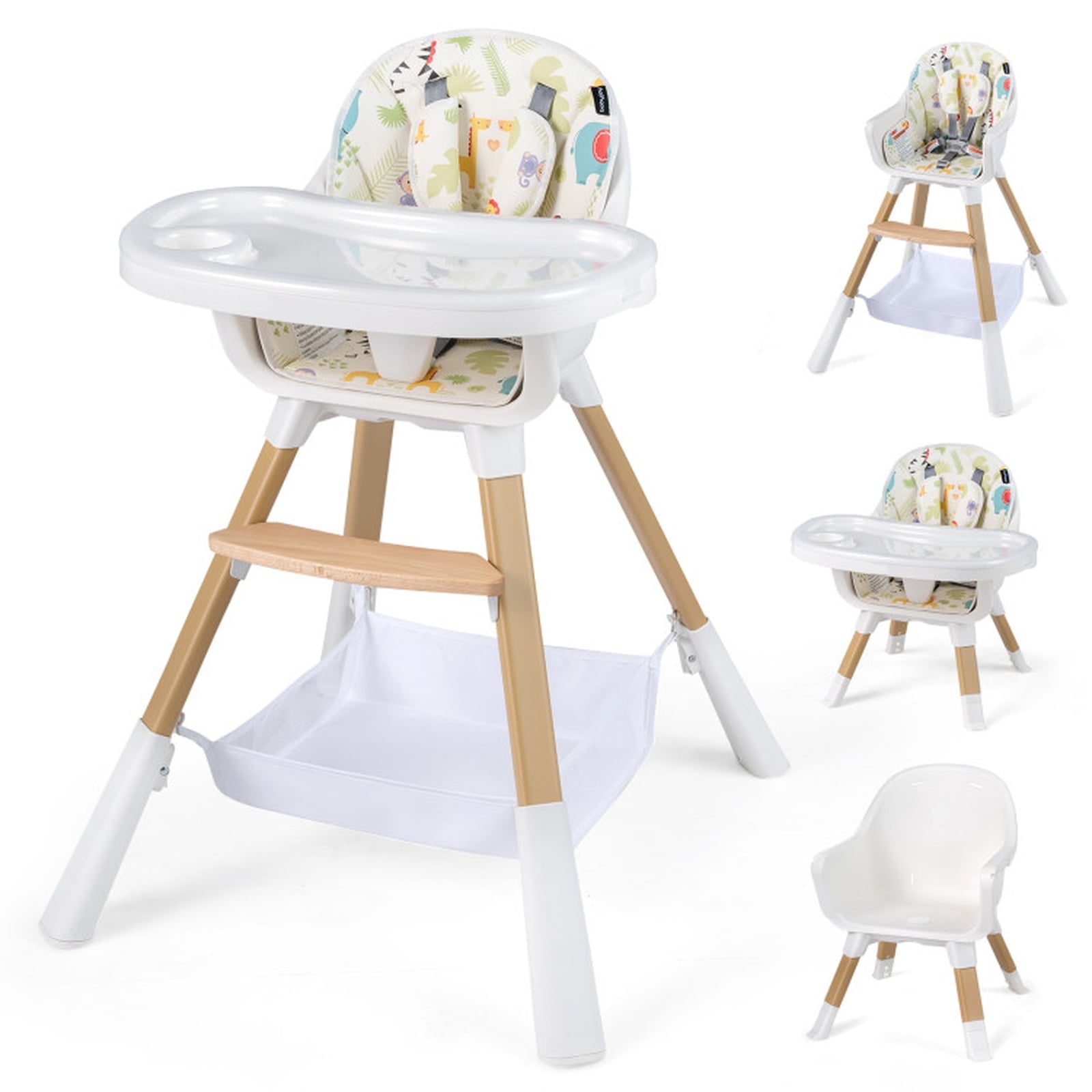 Furnibear 4-in-1 Convertible Baby High Chair with Lockable Wheels and Adjustable Tray and Detachable Toddler Chair for Babies 6 Months to 3 Years, Multicolor