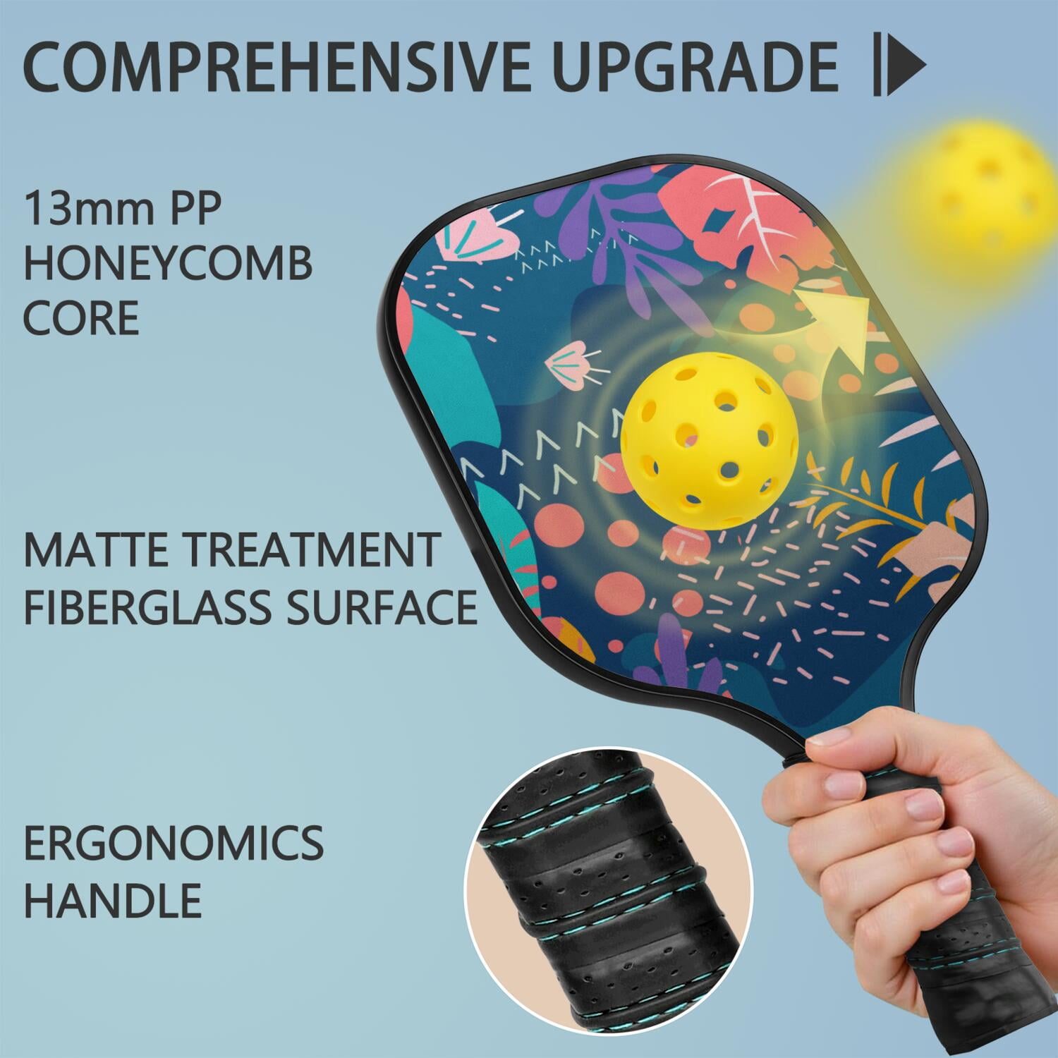 Pickleball Paddles Set Of 1, Fiberglass Surface, Tropical Leaf Print, 1 Paddle, 2 Balls & Bag