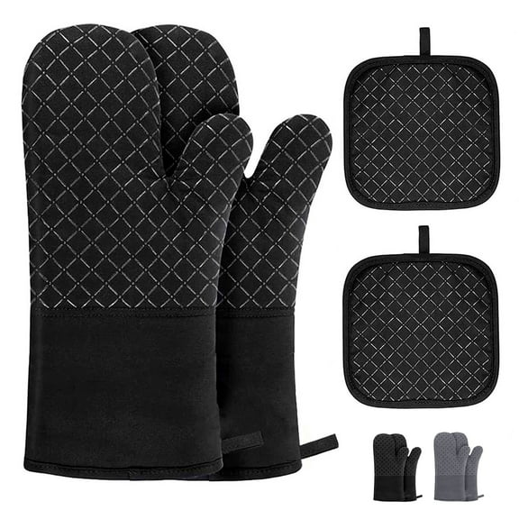 4-Piece Kitchen Oven Mitts Pot Holders Set - Non-Slip Silicone Grid Pattern Surface, Heat Resistant, Cotton Gloves for Baking, Cooking, BBQ, Black