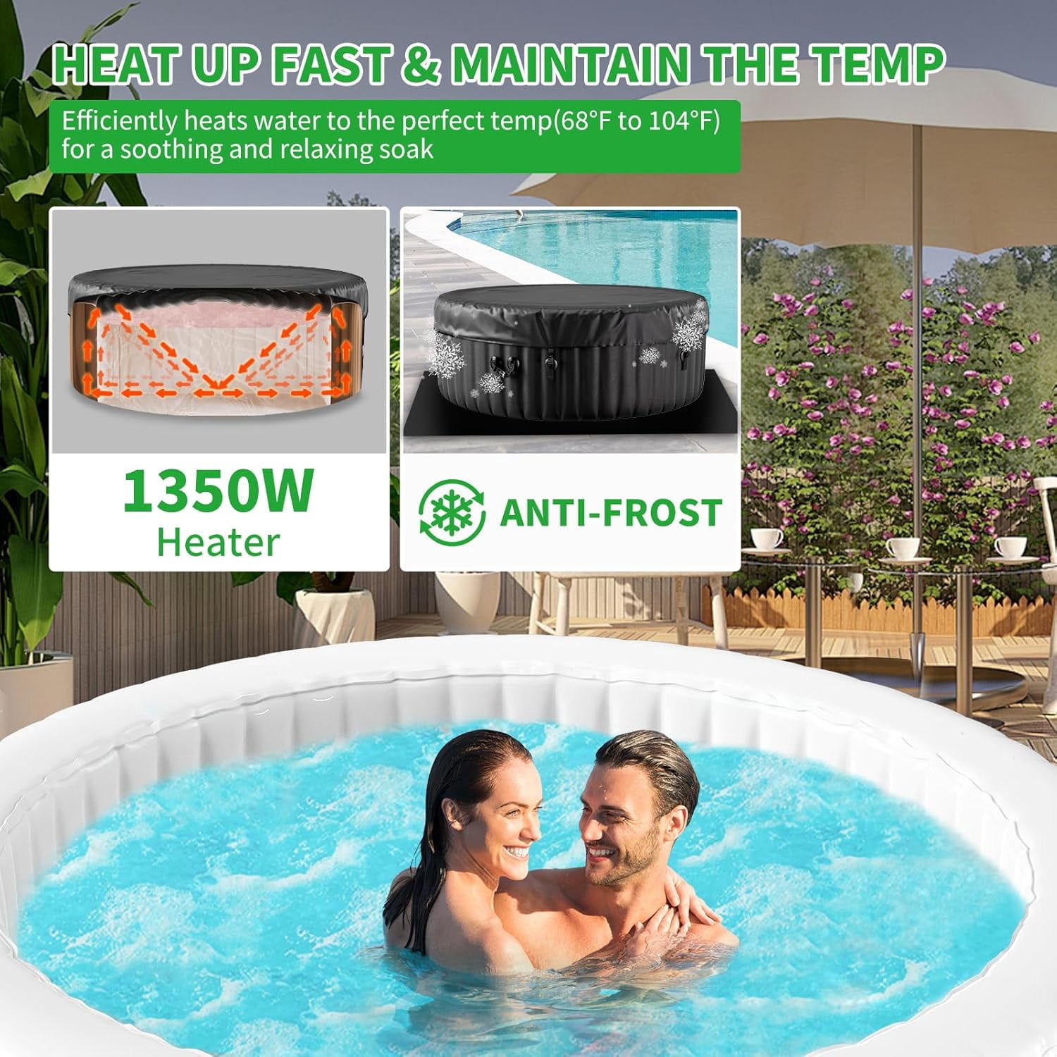 Slsy 2-4 Person Inflatable Hot Tub, Round Blow Up Portable Hot Tub, Leak-Proof PVC Outdoor Spa with 120 Strong Air Jets, Heater Pump and Insulated Cover, 71” X 71”X 25”
