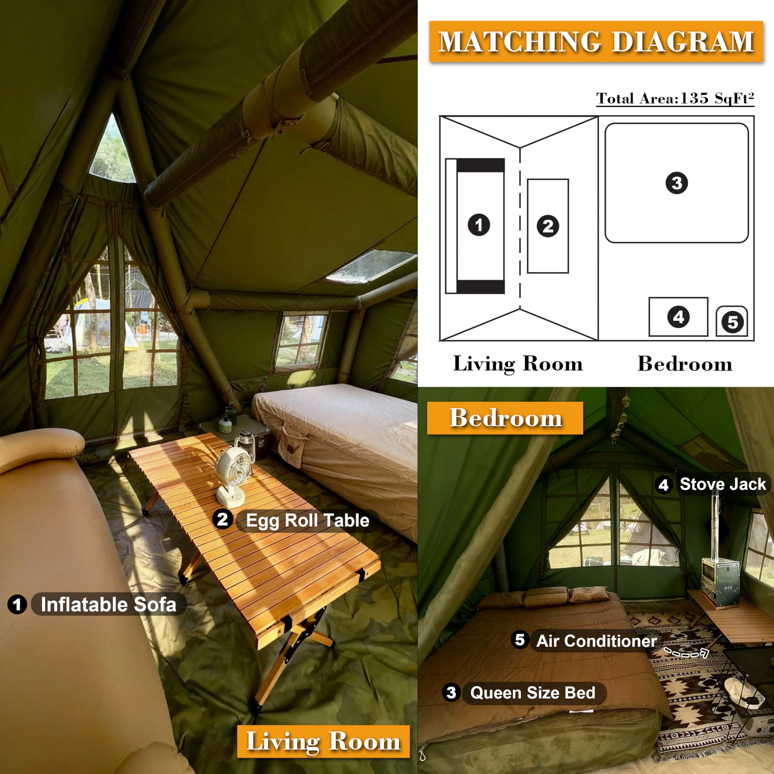 Large Inflatable Tent for 8-10 Person - 135 SQFT Inflatable Cabin Tents for Camping Instant Setup Blow up Tent 4 Season Waterproof Inflatable Tents with Stove Jack