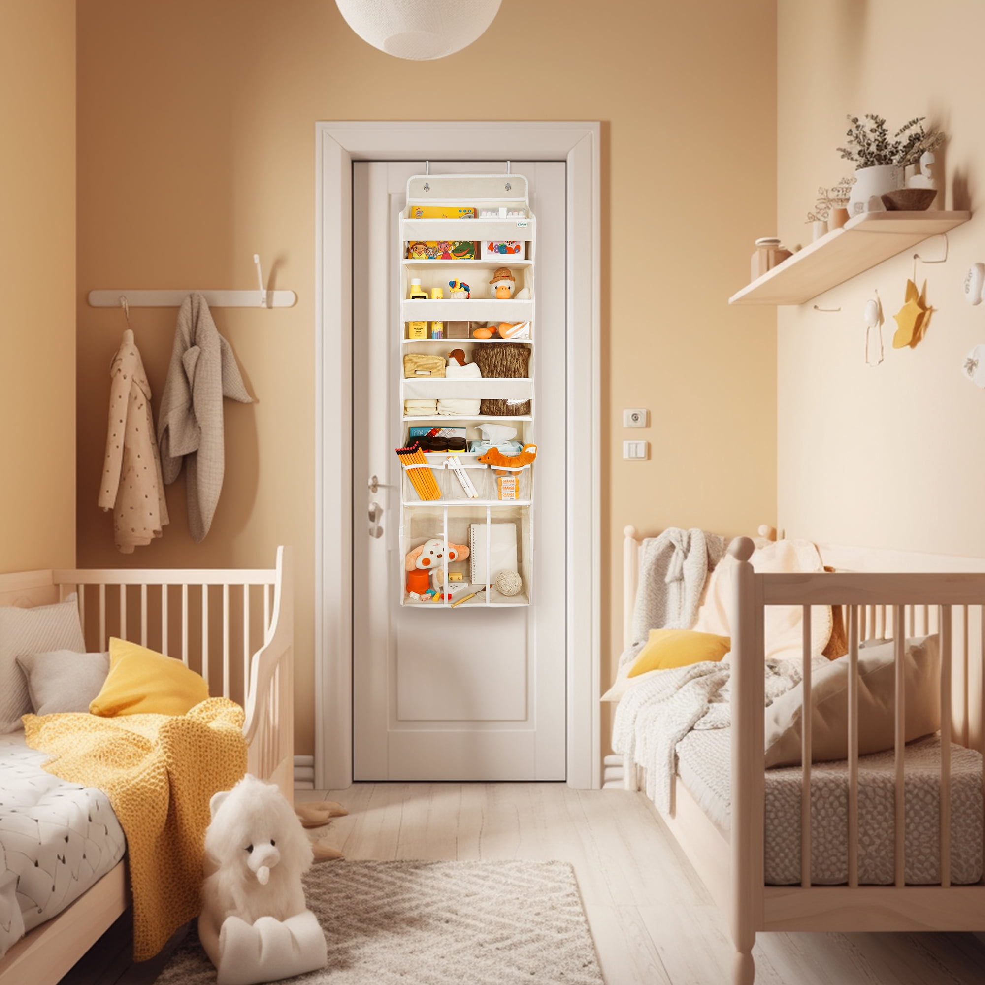 Baby Hanging Organizer 5-Shelf Over-the-Door Organizer with Diaper Caddy, Beige, 1 Count